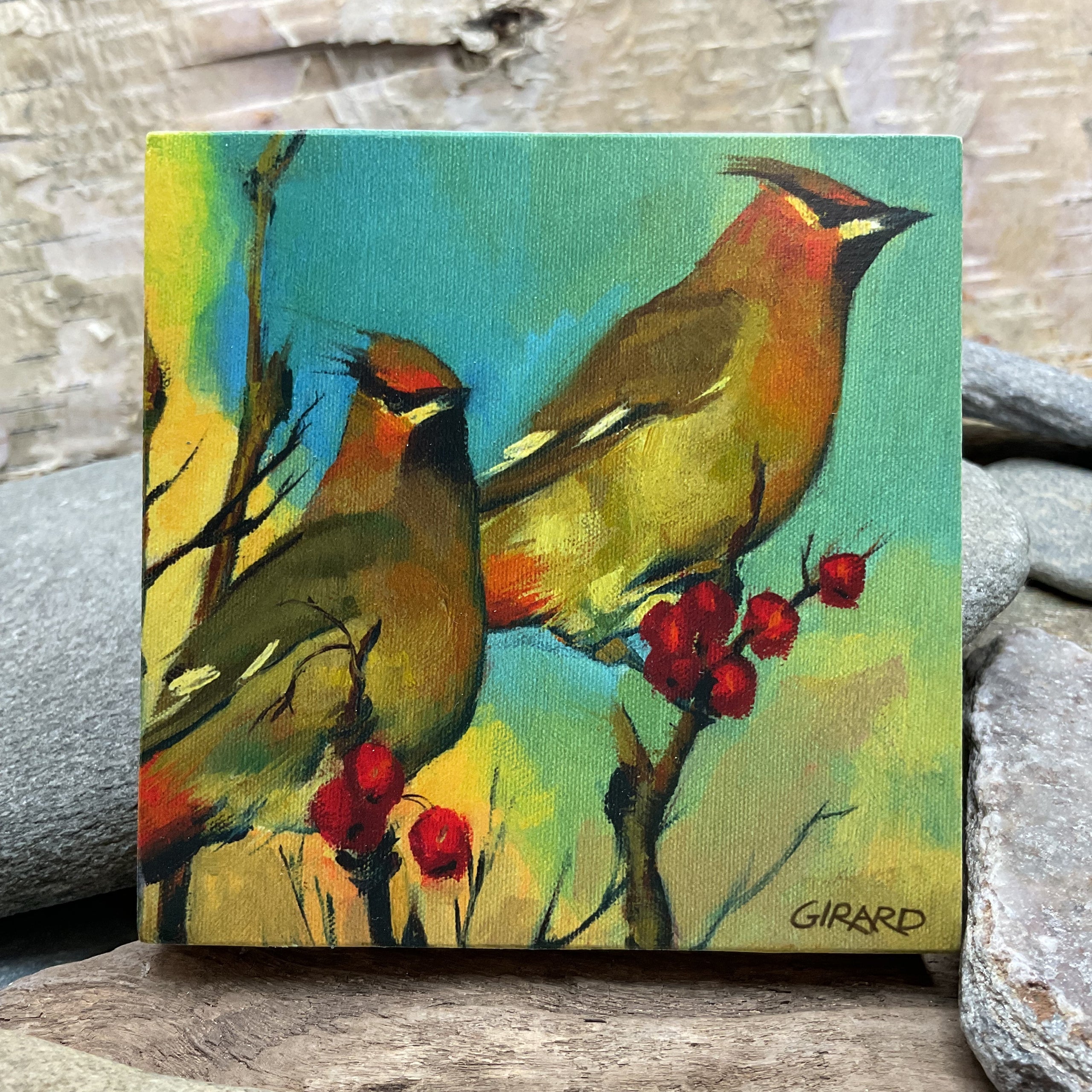 Studio Girard Bohemian Waxwings Block 3.5"x3.5" Northern Whimsy Art